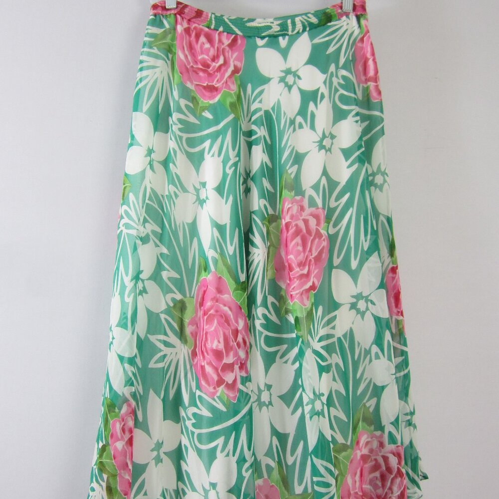 Vtg Umi Anne Crimmins Womens 8 Pink Turquoise Floral Silk Flare Midi Skirt Small